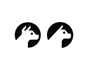 Set of Abstract dog head icons. Vector illustration. Simple silhouette. Black color flat style dog. Cartoon dog face logo. Animal logotype concept.