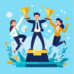 Fototapeta premium Award-winning professionals jumping in celebration with trophies on the podium in a flat modern design 