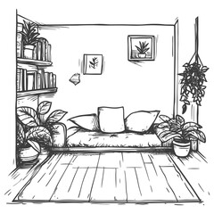 Hand Drawn Sketch Of A Living Room With A Couch Plants And Bookshelves