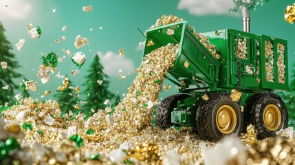 A green dump truck with a gold scoop is dumping gold and white candy into a pile of gold and white candy.