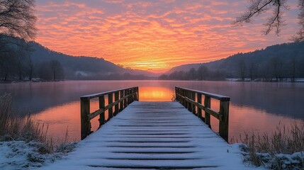 Fototapeta premium Snowy dock sunrise lake winter calm landscape