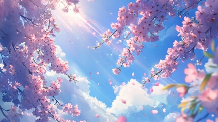 A stunning close-up of cherry blossoms, sunlight streaming through their delicate petals, with a vibrant blue sky in the background
