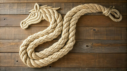 A rope is skillfully laid on a wooden background, forming an elegant silhouette of a horse. This scene combines marine aesthetics with the grace of equestrian art.
