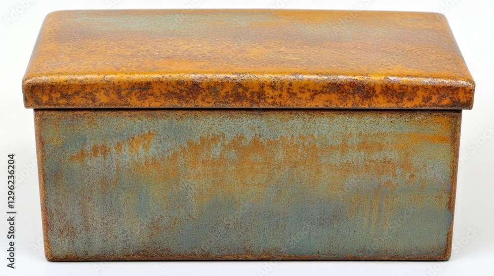 Poster a steel box with visible rust streaks, showing the effects of time and exposure to the elements.