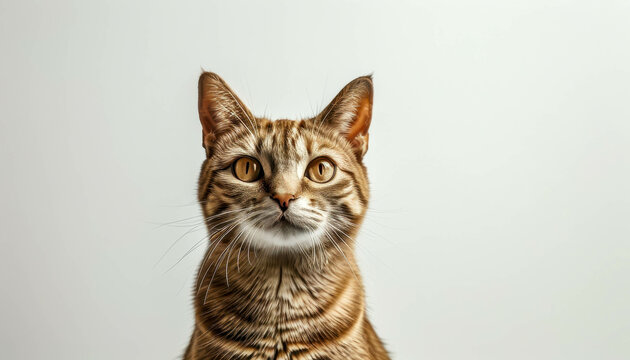 Photorealistic portrait of a cat on a white background, shot in a studio style. Detailed fur, expressive eyes and an attentive gaze emphasize the animal's character.