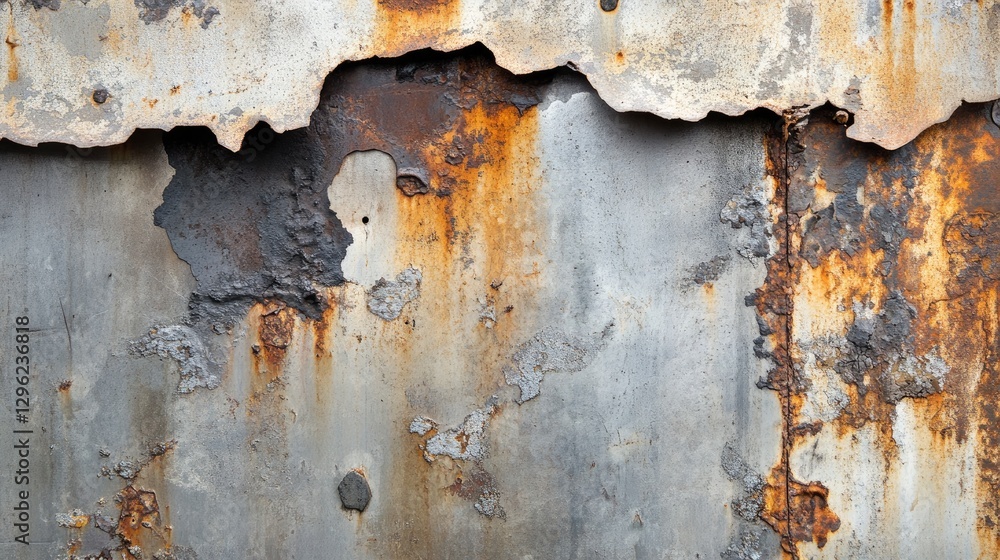 Poster a textured sheet metal surface with rust spreading unevenly, creating a grungy and aged look.