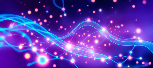 Graphic design background of tech scene or neon light blue beige tone. highlighting the process of integrating technology into traditional business models, Digital transformation strategy concept.