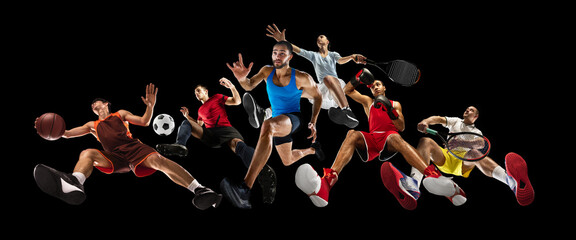 Mixed sports scene with basketball, soccer, tennis, and boxing players captured mid-action. Energy...