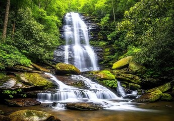 Fototapeta premium Serene Waterfall Cascading Over Rocks in Lush Green Forest Landscape