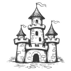 Hand Drawn Sketch Of A Stone Castle With Flags