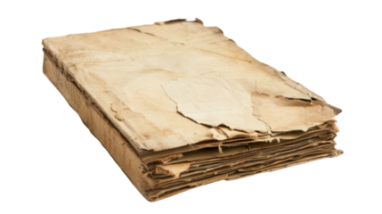 Old damaged book with torn cover and transparent background