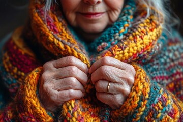 Fototapeta premium Close-up of hands of elderly woman knitting woolen world.
