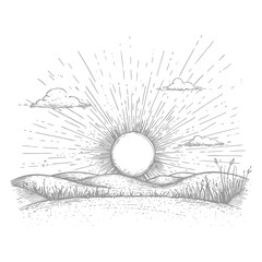 Obraz premium Hand Drawn Sketch Of A Sunrise Over Rolling Hills With Clouds And Grass