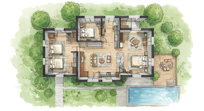 Watercolor illustration of a top-down view of a house plan with a pool and outdoor patio.
