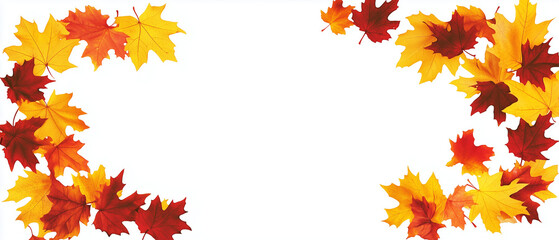 Colorful autumn leaves in red, orange, and yellow scattered on a white background