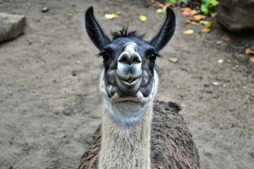 Fototapeta premium Smiling Llama in Zoo: Laughing Animal Bringing Happiness and Fun