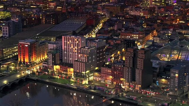 Night aerial drone downtown Glasgow city Scotland Clyde river