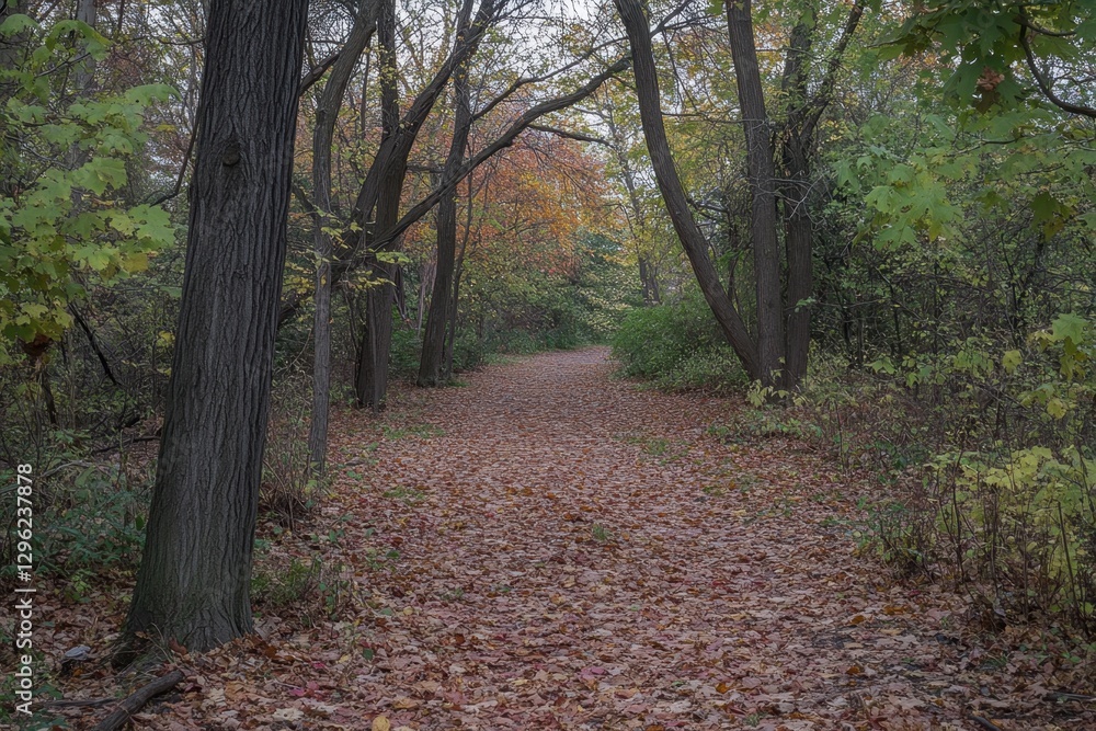 Poster a photo of a pathway running through a forest flanked by tall trees and covered in a carpet of falle