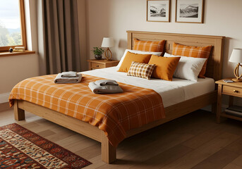 Comfortable wooden bed at home.