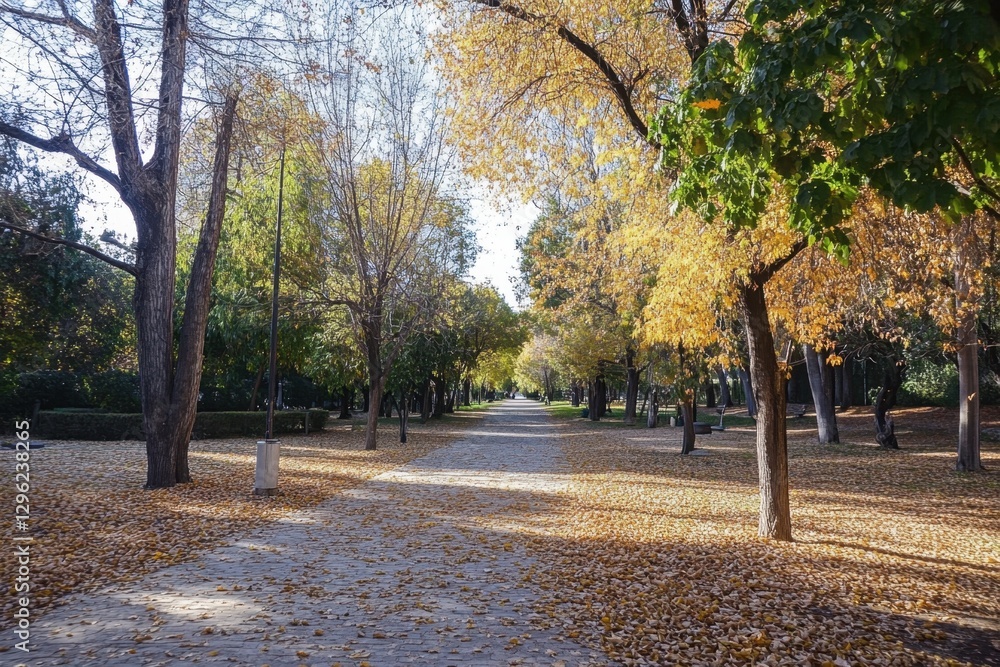 Poster a photo of a pathway running through a forest flanked by tall trees and covered in a carpet of falle