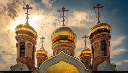 Obraz premium Golden church domes gleam against clouds. Historic Orthodox icon.