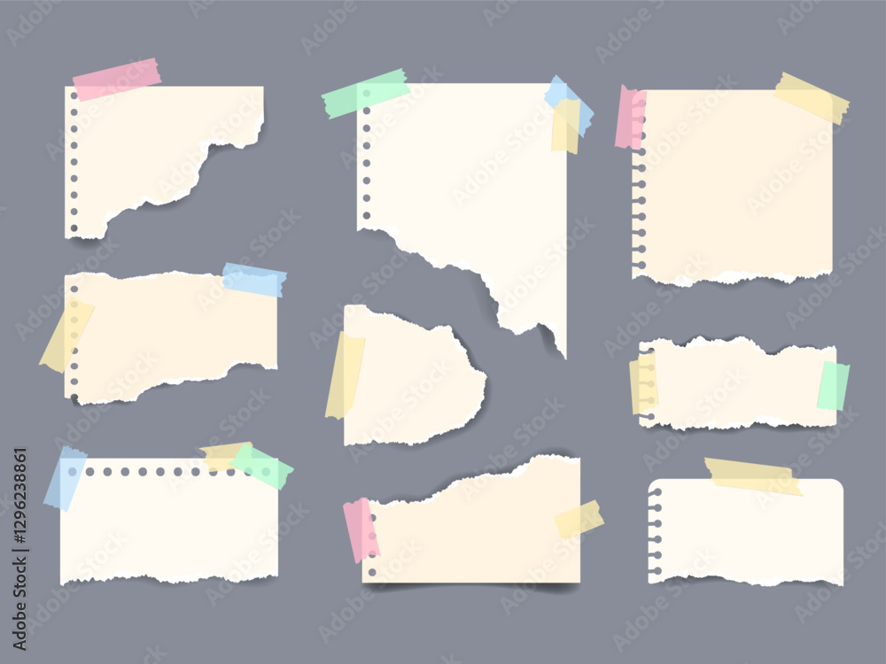 Poster set of blank torn notebook pages with colored adhesive tape. ripped paper scraps in different sizes.
