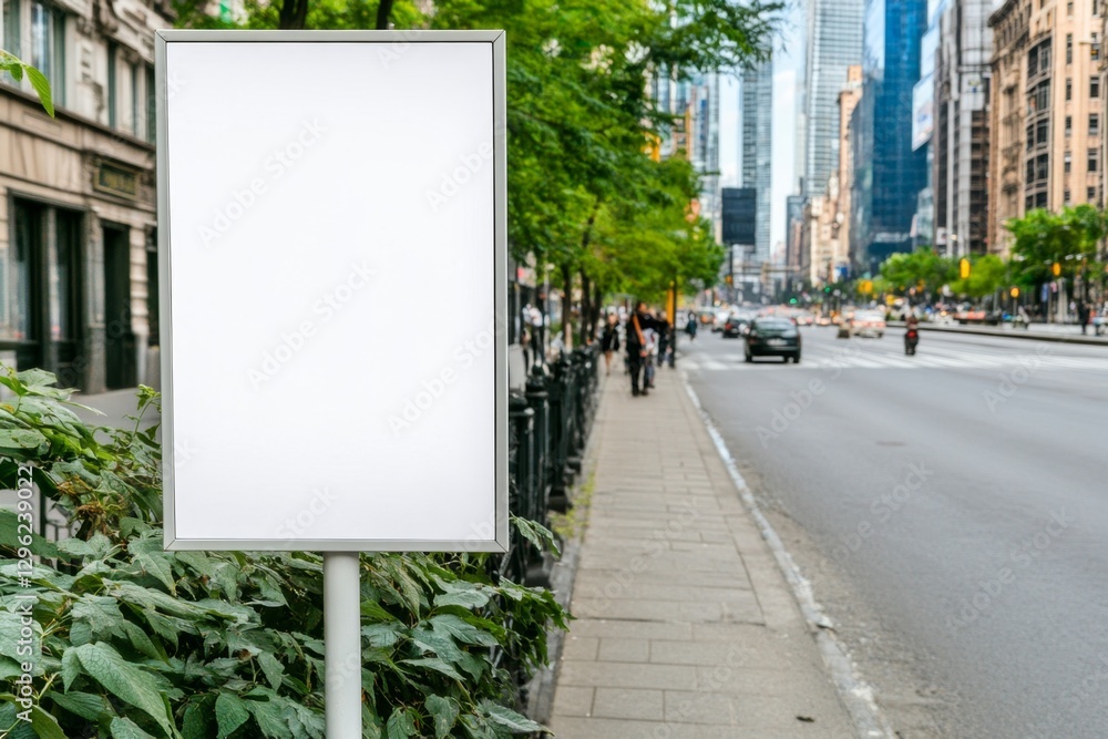 Poster a blank, white vertical billboard stands on the side of an urban street, with pedestrians passing by