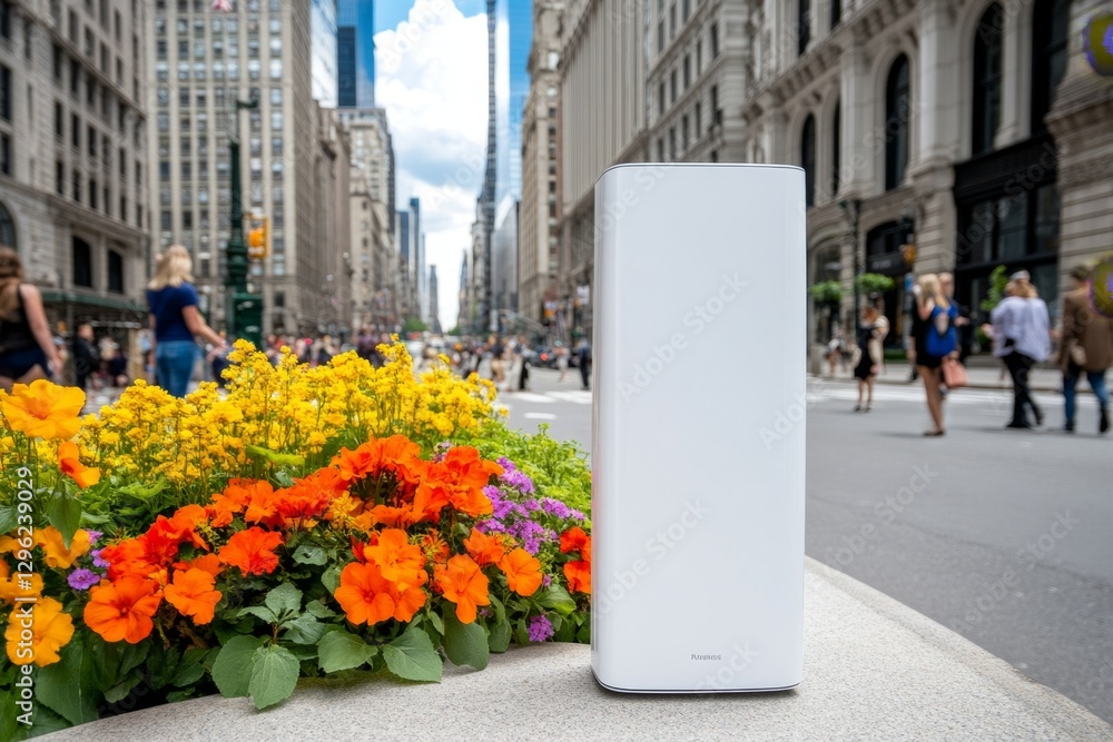 Poster a blank, white vertical billboard stands on the side of an urban street, with pedestrians passing by