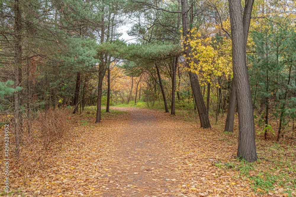 Poster a photo of a pathway running through a forest flanked by tall trees and covered in a carpet of falle