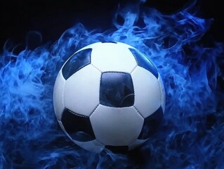 Fototapeta premium Dynamic Soccer Ball Surrounded by Colorful Blue Smoke Effects