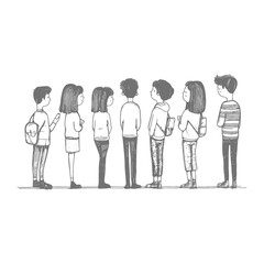 Hand Drawn Sketch Of Seven People Standing In Line