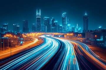 Fototapeta premium A vibrant nighttime cityscape showcasing illuminated skyscrapers in the central business district (CBD), highlighting urban development, modern architecture, and the dynamic energy of a metropolitan s