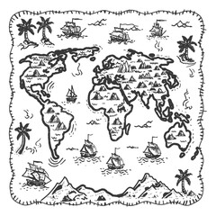 Hand Drawn World Map With Ships Palm Trees And Mountains
