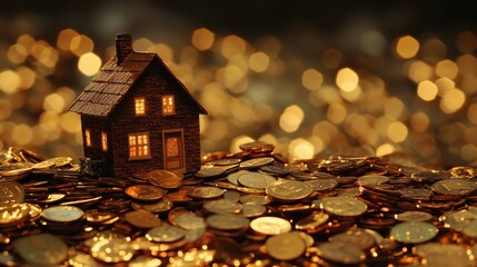 A miniature cottage nestled amongst a pile of gleaming coins, a symbolic representation of housing is speculative bubble, its value inflated beyond the realm of reason.