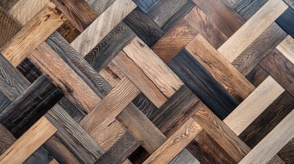 Herringbone wood flooring pattern with various wood tones.