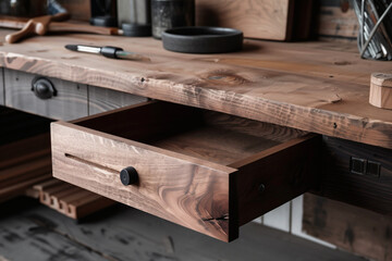 Open wooden drawer on rustic desk with accessories