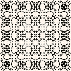 Vector black and white floral seamless pattern. Abstract minimal geometric ornament with flowers in oriental style. Simple monochrome background.