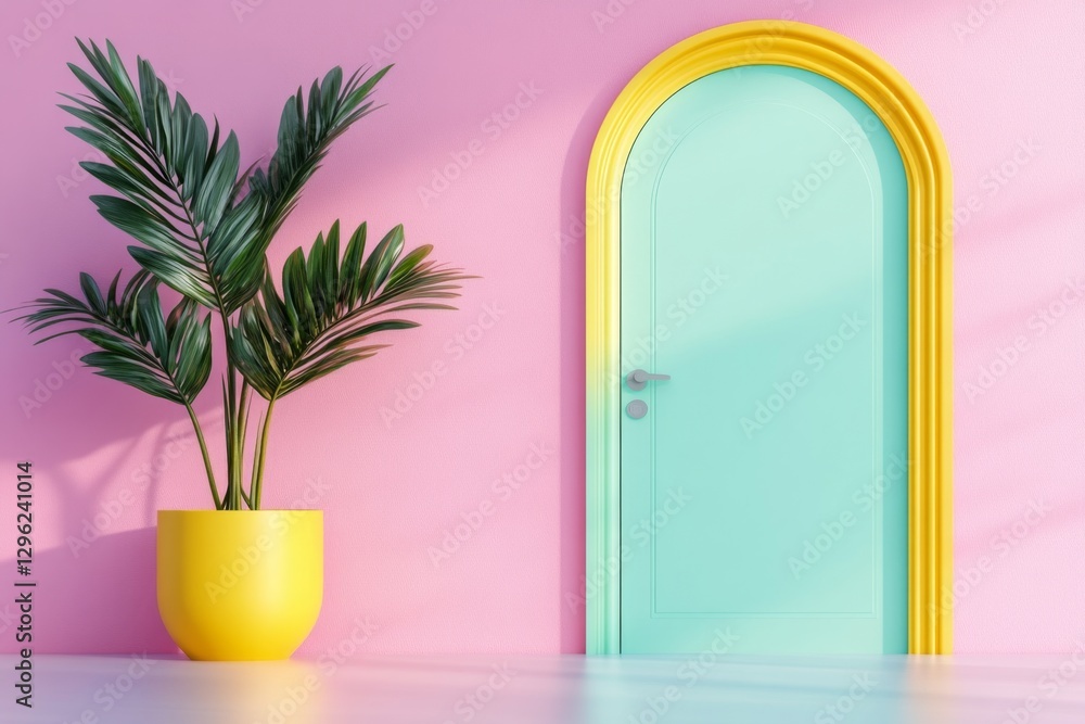 Poster A bright and colorful light shines through the entrance of an empty room, creating beautiful shadows on the floor. The background is white with pink walls, creating a dreamy atmosphere. There's