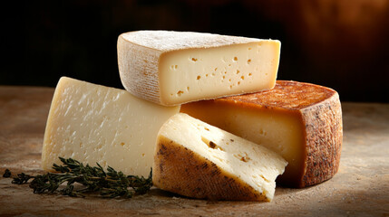 trio of cheeses arranged in layers on rustic surface with herbs