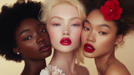Obraz premium High fashion beauty portrait featuring diverse models: caucasian blond, afro-american and asian 