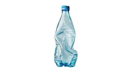 Crumpled empty plastic bottle with blue cap on transparent background