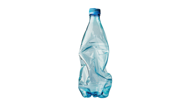 Crumpled empty plastic bottle with blue cap on transparent background