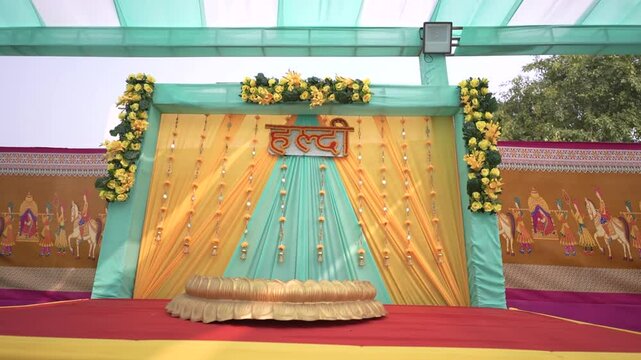 Haldi Ceremony Stage Decoration in Indian Wedding, Yellow Wedding Venue Decoration Background