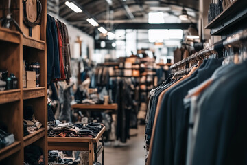 Obraz premium A bustling thrift store interior showcasing a diverse array of vintage clothes and accessories