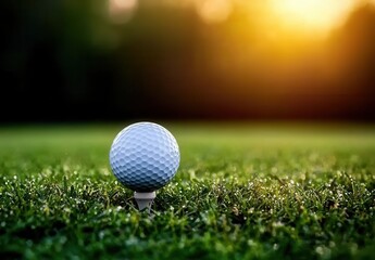 Obraz premium Close-Up of Golf Ball on Tee at Beautiful Sunset on Green Grass