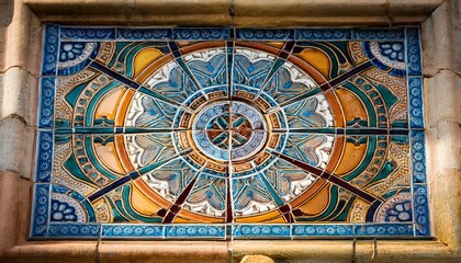 Obraz premium A macro shot of a colorful tile mosaic on a historic building, highlighting the intricate symmetrical patterns and vibrant colors that showcase traditional craftsmanship.