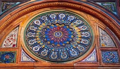 Obraz premium A macro shot of a colorful tile mosaic on a historic building, highlighting the intricate symmetrical patterns and vibrant colors that showcase traditional craftsmanship.