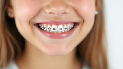 Caucasian female teen smiling with braces displaying dental health and orthodontics dental briquettes