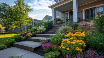 Obraz premium A cozy and inviting front yard with a mix of ornamental plants and structured pathways.