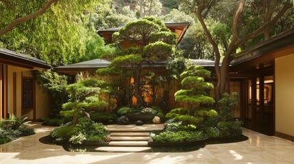 Fototapeta premium A Feng Shui-inspired front yard with small trees and open pathways for positive energy.